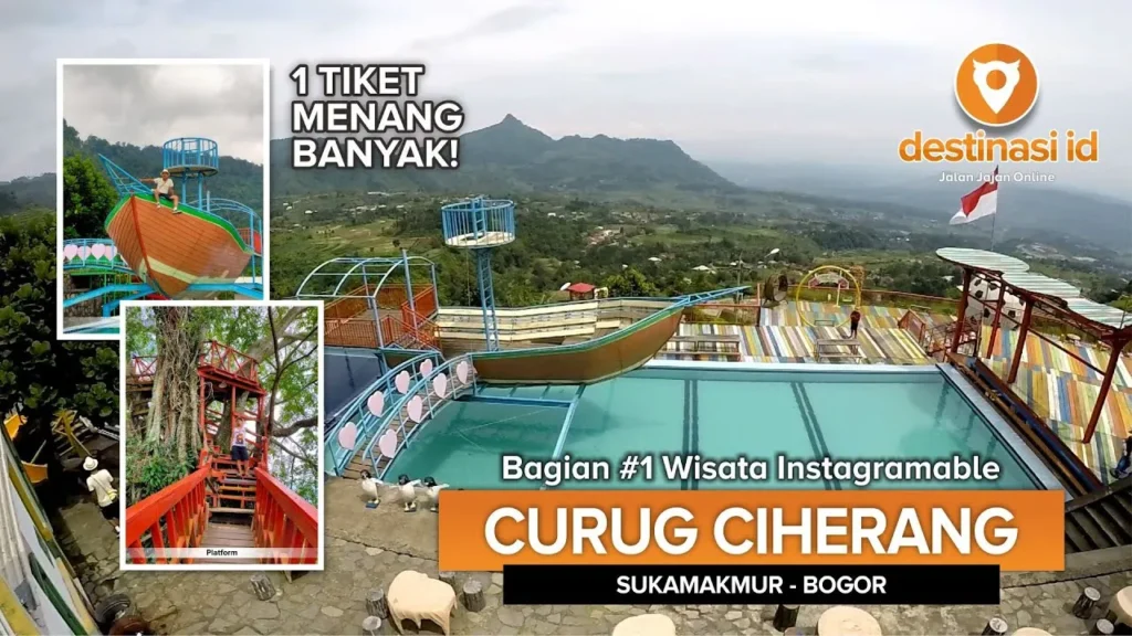 Curug Ciherang menampilkan tiga tingkat air terjun dengan tambahan wahana modern seperti infinity pool
